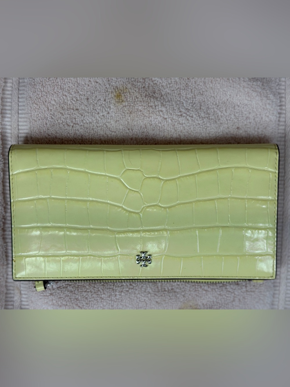 Tory Burch Croc-Embossed Pale Yellow Zip Wallet